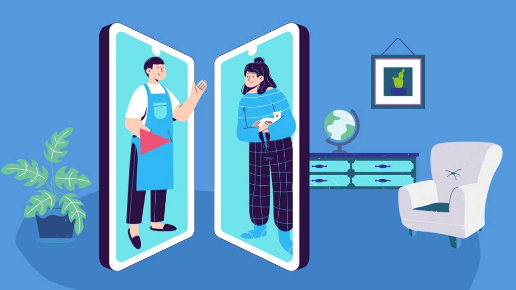 Ilustrasi dua orang berkomunikasi melalui layar smartphone.