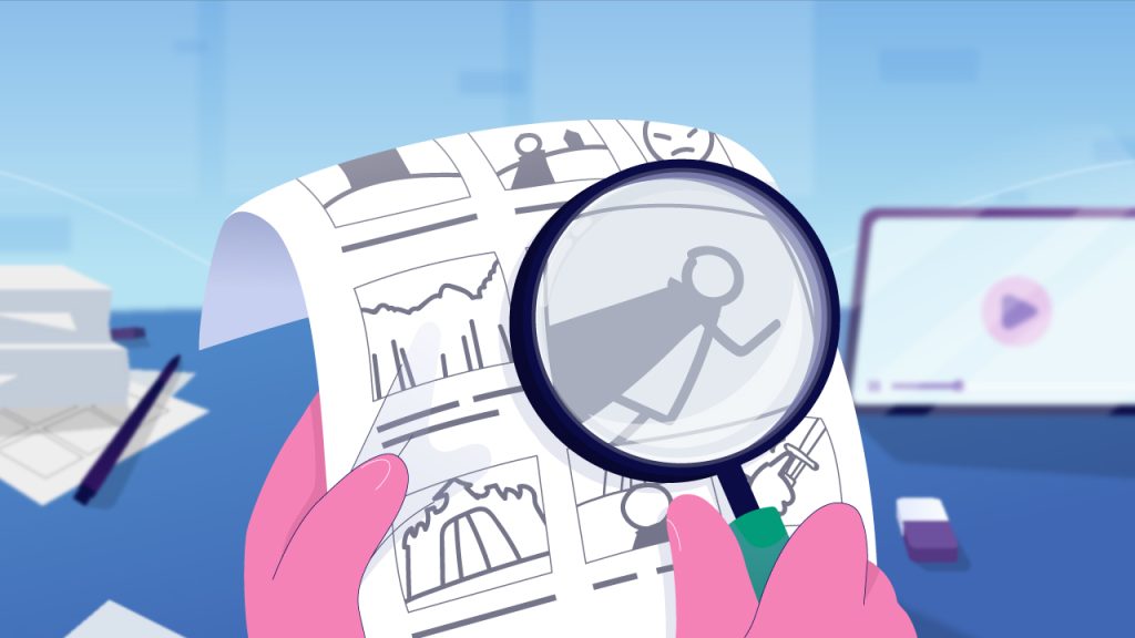 Ilustrasi contoh storyboard untuk video animasi.