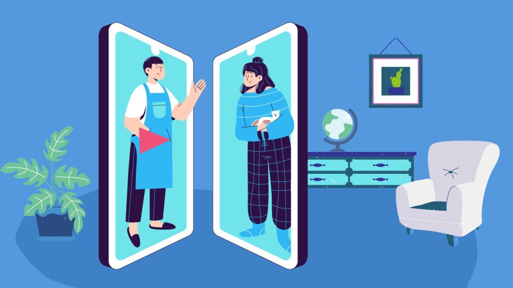 Ilustrasi dua orang berkomunikasi melalui layar smartphone.